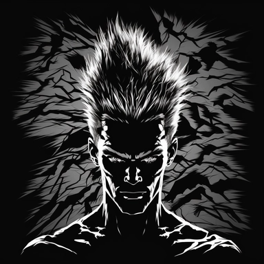 portrait of a gaunt, angry god, angular, shaven face, spiky hair, face in darkness, rim lighting, dramatic lighting from below, futuristic, vector, clipart, flat, b&w, black background
