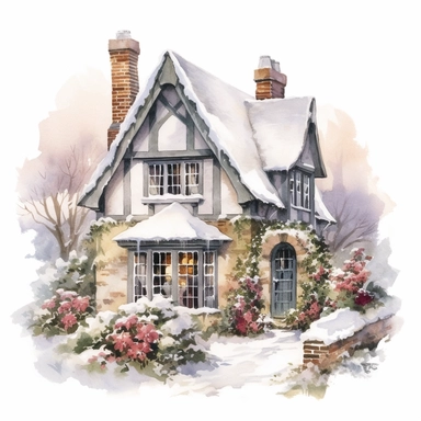 Cute English Cottage, snowy, ornamental watercolor clipart –ar 293 x 151