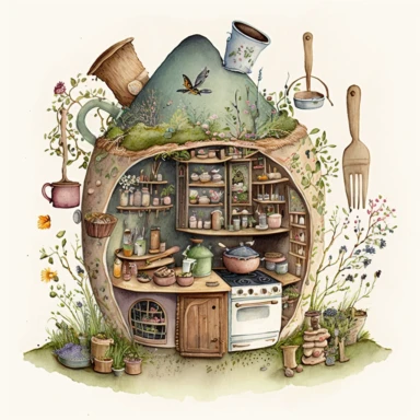 a hyper-detailed illustration watercolor clipart of a whimsical kitchen of a fairy house built out of natural materials by a human,complete kitchen utensil and kitchenware and foods in preparation watercolor illustration, illustration style a combination of Beatrix Potter and Tove Jansson,isolated on white background with margins, cut-out images