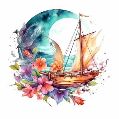 clipart, isolated on white background, Watercolor spring fairy and wings and flowers and branches and grass and leaves, moon and boat, ornated, vivid and vibrant and saturated colors