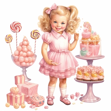 happy cute clipart vintage adorable little pink cheeks girl with sugar candy, cakes and sweets, full body, clipart style, pastel colors, accurate details, oil painting technique, super high quality, professional watercolor clipart, high resolution, 8k