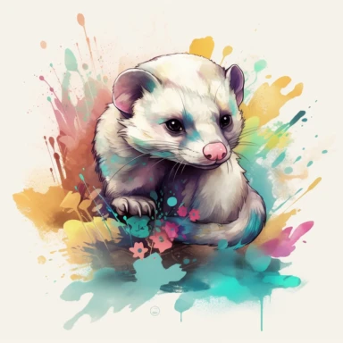 A detailed illustration an ferret, t shirt design, in the style of Studio Ghibli, pastel tetradic colours, 3D vector art, cute and quirky, watercolor clipart, white background watercolor effect, Adobe Illustrator, hand-drawn, digital painting, low-poly, soft lighting, bird's-eye view, isometric style, retro aesthetic, focused on the character,