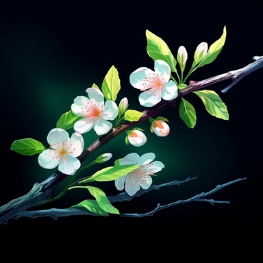 clipart of a branch of alond blossom with light green leaves illustration on a black background in the style of, watercolor , ultra feminine art, boldly colored, illustration, meticulous technique, soft and smooth