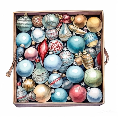 Ella bailey watercolour illustration with black gel pen outline style box of vintage christmas ornaments, high definition, 8k, insanely detailed, fine detail, sharp focus, illustration, white background, isolated clipart vector