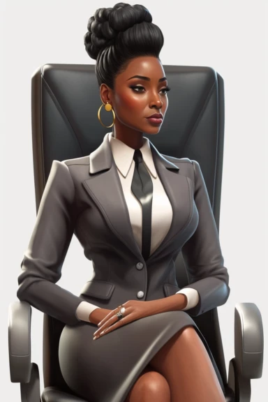 beautiful african american woman, lady boss sitting in a high back office executive chair, girl fashion clipart, white background, 4k, trending on artstation, zbrush, cinematic, soft bright lighting