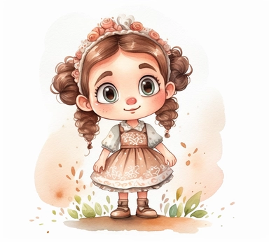 cute adorable little Hungarian princess character watercolor clipart, full body, disney, pixar