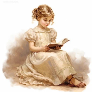victorian vintage adorable little girl reading book on floor, full body, pastel beige colors, clipart style, oil painting technique, super high quality, professional watercolor clipart, high resolution
