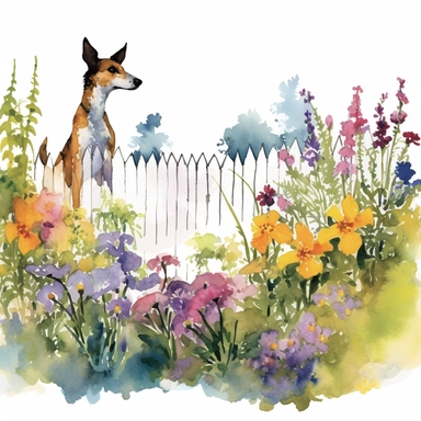 A whimsical scene featuring a Fox Terrier exploring a garden filled with colorful flowers, with a white background and watercolor clipart.