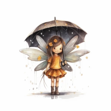 Cute Adorable magical little fairy with big wings holds laterally a umbrella in his hand wears a raincape and stand in the rain on a country road, clipart, photorealistic illustration, watercolor, high detail, 8k polished, 8k, vibrant colors, white background, black and white ink