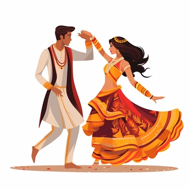 Indian bride and groom dancing simple indian folk art style image white background vector clip art