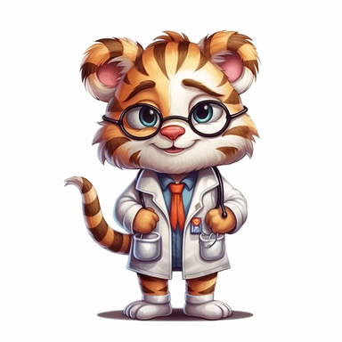 cute Tiger character wearing doctor clothes and doctor element with happy face,front facing on isolated background,with happy face and expression,Animal Sublimation Clipart,no splash watercolor,white background, ultra detailed clipart, cut out image, colorful watercolor realistic, cartoon style, ultra HD, sharp and clean art