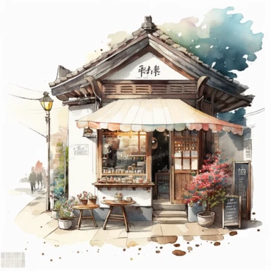Clipart, a cafe in South Korea, with all the aromas and beauty, watercolor, white background, stunning architecture,