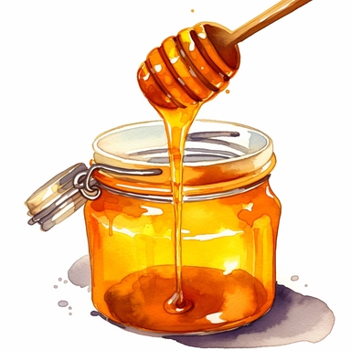 Clipart, watercolor, white background: Generate a clipart of a honey dipper dipped in a jar of honey, ready to be drizzled onto food or beverages