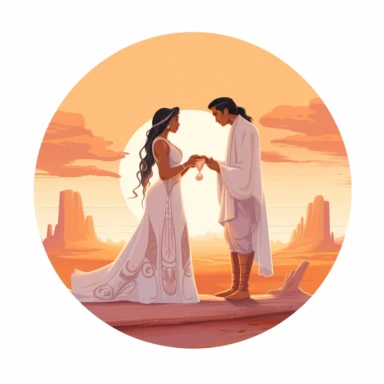 Indigenous bride and Asian groom, exchanging rings under a beautiful sunset, with a sense of peace and tranquility, earthy tones, Pixar style, Clipart on a white background.