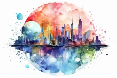 Watercolor, Imagine a planet with a cityscape made entirely of colorful, translucent glass clipart, hd, on a white background, spaced out