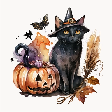 Watercolor black witch cat Halloween clipart, pumpkin, autumn season, Watercolor Sublimation design, white background