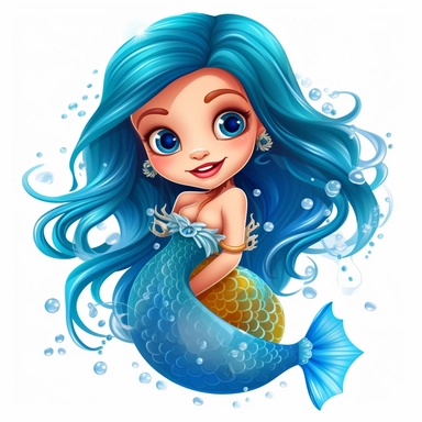 Cartoon cute mermaid You could describe her as having long, flowing hair that shimmers in the sunlight, with a tail that sparkles like diamonds and glistens in the water. have piercing beautiful blue eyes that seem to glow, and a voice that is as sweet as a song., on a white background in the style of magali villeneuve, on a white background, Clipart, pastel neon colors, whimsical, magical, children illustration, twinkling lights, beautiful, sparkly, girly, feminine, engaging, High definition, 2