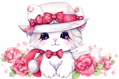 watercolor adorable cat in a fancy hat clipart, hd white background