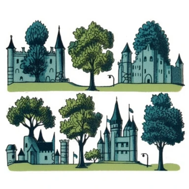 but simple 2 color trees clipart vintage. reference cover illustrations from the Junior Deluxe Editions kids books. White background.