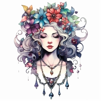 watercolor flower princess necklace drawing, illustration clipart, detailed, black outline, white background, digital art