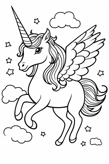 cute cartoon clipart flying unicorn in sky, black simple lines, coloring book page, white background