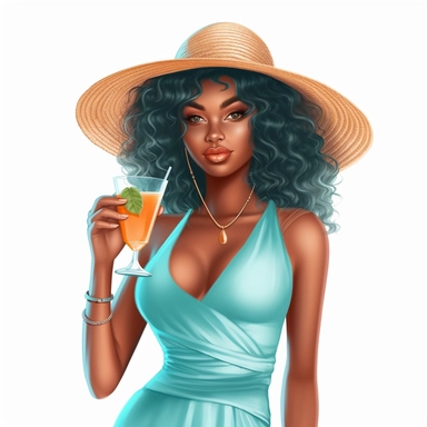 pretty black girl, Sun Straw Hat Wide Brim Summer Hat Foldable Roll up Floppy Beach Hats, pretty, holding a cocktail drink, cyan outfit, 4k, hd, clipart
