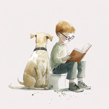 a dog sitting next to a young boy reading a book, watercolor and ink drawing, clipart, happy, gentle smile, beautiful watercolor ink wash coloring, thick pencil lines, Jon klassen, Adrian tomine, popular on etsy, watercolor illustrations clipart, watercolor illlustrations for kids and children, book illustrations, plain white background