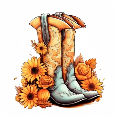 Cowboy Boots Hello Fall Pumpkin Fall Vibes , style by Lucy Fleming, watercolor, smooth gradients, black contour outline, ultra detailed, clipart elements, delicate pastel colors, solid white background, super clear, high quality