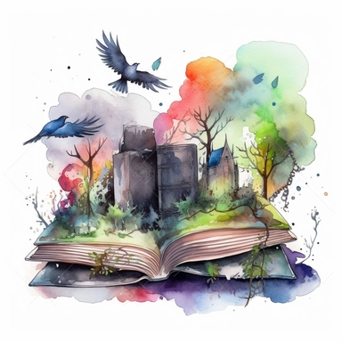Watercolor Fantasy open Books Clipart with fantasy castlle, birds, trees, forest, clouds, very detalied, forest mistic look, magic colorful admosfere, gotic dark colorful admosphere, hight quality white background