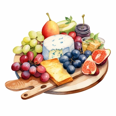 watercolor fresh fruit , cheese, summery charcuterie board, clip art , hd, white background, spaced out, cartoon realism details--ar 3:2