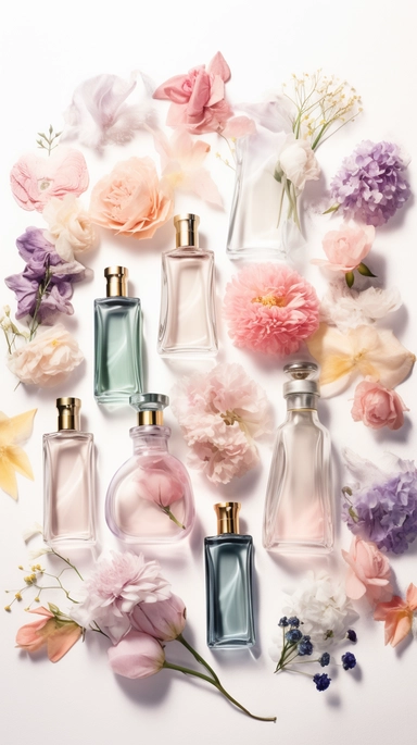 realistic watercolor illustration. clipart. different shape of pastel perfume bottles with variation randomly placed on a white soft background. flowers. roots. sophisticated. made entirely out of different types of flowers and perfume bottles standing tall against a white background. The image is designed as a poster. perfect for printing and sharing with friends and family. knolling