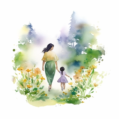 Mom and Me Watercolor, Clipart, High Res, Mother's Day, Mother's Love, waterpaint, fresh colors, happy, white backgroundm, simplified Art Nouveau, ethnic person, walking ,enchanted forest, front to camera, version 4 style