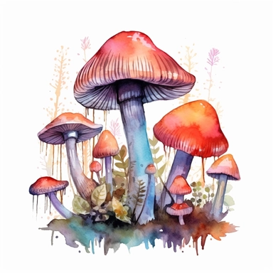 An ethereal watercolor clipart image capturing the allure of magic mushrooms. The artwork showcases a cluster of mushrooms with whimsical shapes and vibrant hues. Each mushroom is painted with delicate brushstrokes, creating a sense of softness and enchantment. The surrounding atmosphere is filled with dreamy washes of color, evoking a sense of mystery and intrigue. This captivating clipart is perfect for designs that aim to evoke a sense of fantasy and wonder, infusing them with a touch of magi