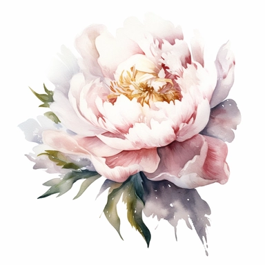 One Dusty pink and white peony flower, big blooms, with muted green whispy foliage with gold flicks, elegant and beautiful floral clipart for wedding invitations, delicate, watercolor, oil painting, defined edge on white background