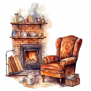 watercolor, hyper realistic, white background, white margins, 16k, ultra detailed clipart, cut out image, hand-drawn a crackling fireplace, a comfy armchair, a stack of books, and a warm cup of tea or coffee. in the style of pencilsteampunk, delicate watercolor, creative commons attribution, miniaturecore, grocery art, white and amber, website