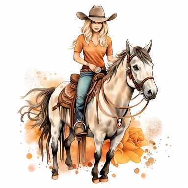 Just A Girl Who Loves Pumpkin Spice Cowgirl horse riding Sublimation Design , style by Lucy Fleming, watercolor, smooth gradients, black contour outline, ultra detailed, clipart elements, delicate pastel colors, solid white background, super clear, high quality
