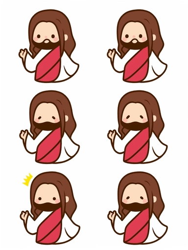 , animated jesus clipart image, in the style of white and red, caricature-like figures, bold, cartoonish lines， emoji sheet,[happy, angry,sad, cry, cute, expecting, laughing,disappointed], white background, flat color.illustration