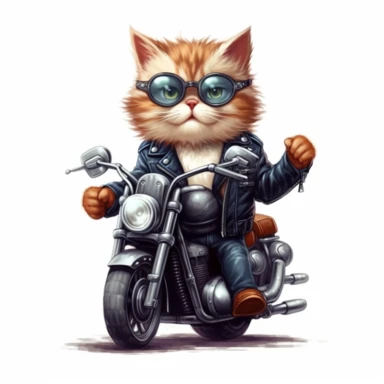 Create a clipart of a cool cat wearing a leather jacket and riding a motorcycle. Low detail. White background, soft lighting. In the style of Bob Ross