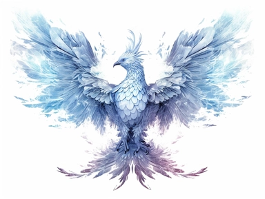 Clipart, sticker, white background, kind blue and white ice phoenix, in the style of solarization effect, nightcore, soft and dreamy depictions, i can't believe how beautiful this is, mystical beings, dark white and light crimson