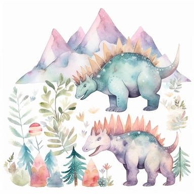 friendly, fluffy watercolor dinosaurs clipart, pastel colors, in the mountains, forest, separated, seamless, transparent background--AR 3:2