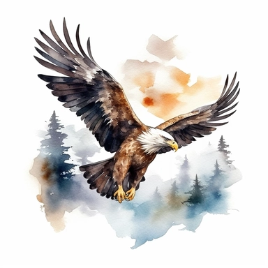 Cute Beautiful Eagle Flying square Background Watercolor Clipart,Cartoon, hyper realistic, intricate detail, illustration style,high solution,on the white background