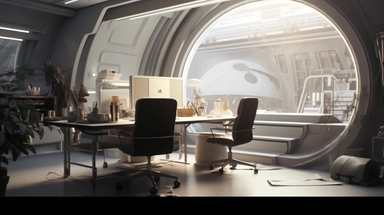 movie clip scene , living room studio and kitchen open concept photographic high definition render, cold blinding shinny white winter light god rays shadows shimmering closeup detail concept art detailed painting with giant spaceship window of a cool industrial living quarters spaceship , huge over window with gorgeous galactic view, happy blade runner android, cool airvehicle cockpit, living bedroom office, droid parts in shinny clothes sitting on a fresco concrete wall, cool sci-fi vehicle uti