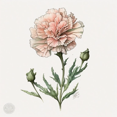 A watercolor clipart featuring a single delicate carnation flower. The flower is depicted with intricate details, capturing the texture and delicacy of each petal and leaf. The watercolor technique used in the painting gives the image a soft, dreamy quality, with the colors blending together in a way that suggests movement and life. The single flower design adds a simple and elegant touch to the image, making it suitable for a variety of occasions such as weddings, bridal showers, or other celeb