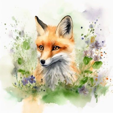 Watercolor clipart of a curious woodland fox with bright orange fur, bright green eyes, and fluffy tail in full display, the fox is tilting its head as if listening intently, nestled within a patch of vivid bluebells on a warm spring day, peaceful and serene atmosphere filled with soft sunlight, Illustration, digital watercolor using a textured brush for a hand-painted effect,