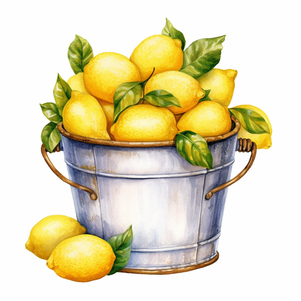 Watercolor clipart very detailed bucket of lemons. White background ...