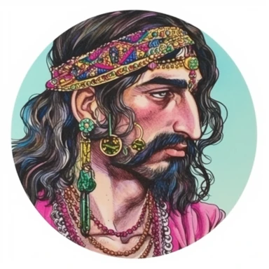 desert Persian Irish civilian, Josh Kirby Mad Max Lord of the Rings, handpainted enamel punk zine indie retrowave, clipart illustration, circle white background, circle border