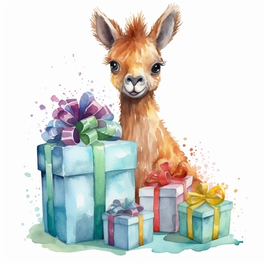 one birthday gift clipart on a white background, in the style of realistic watercolor paintings, toycore, fantastical compositions, characterized animals, tonal variations in color, highly detailed illustrations, no watermark, text, words, paintbrush , 300 DPI , typography, the images do not stick together, no text in the picture