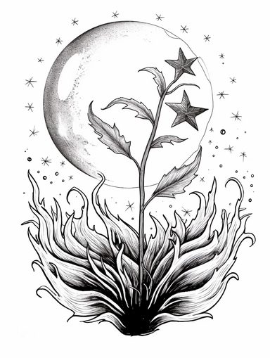 Coloring pages, black and white, linework, clip art, white background. Seedling plant growing, stars, planet.