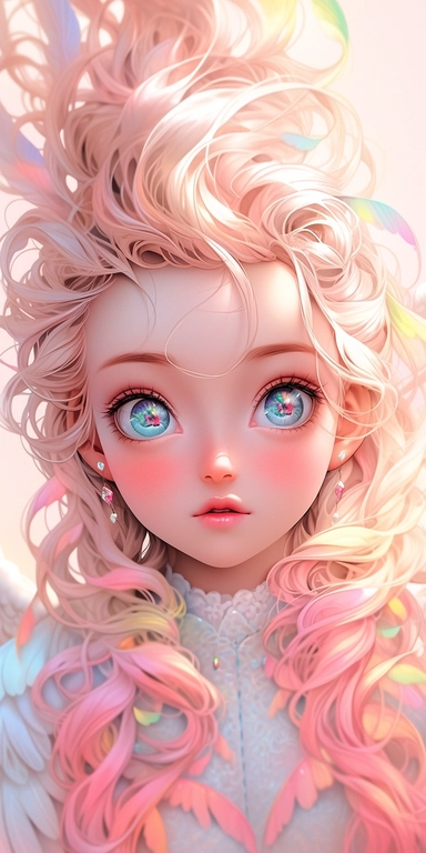 pastelcolor beautiful fantasy art, Angel girl with beautiful realistic face and big eyes, with rainbow feathers, angel wing, gold light, chibi kawaii animated style, vivid vibrant colors, intricate detail, hyper detailed, hyper quality, 32K, unreal engine, isolated on white background, kawaii, clipart