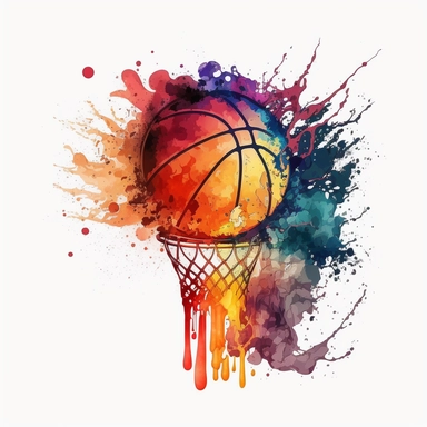 basketball going through a hoop with flames coming off the basketball, clipart, water color, 5x5